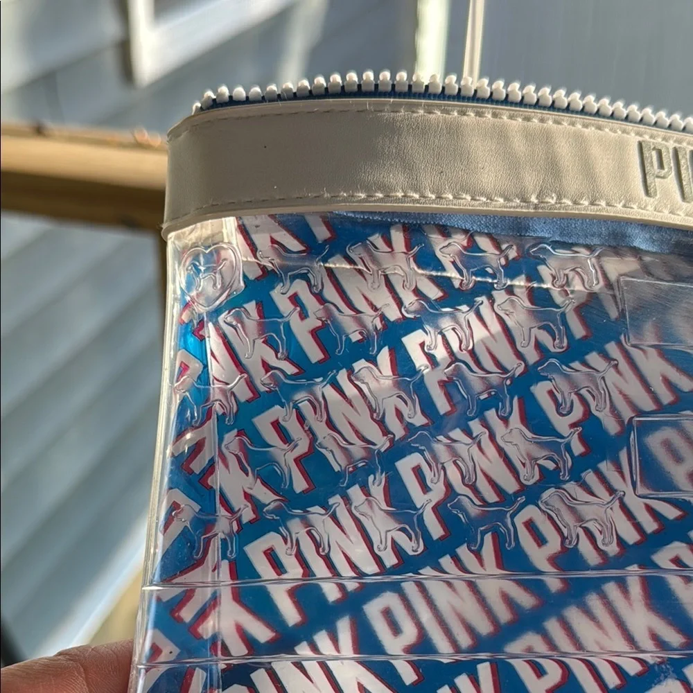 PINK Victoria's Secret Clear Pouch with Blue and White Design